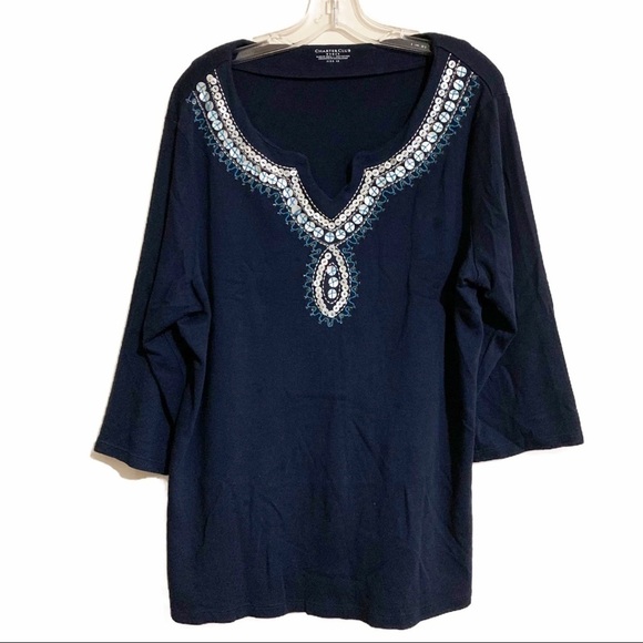 Charter Club Beaded Top/Tunic Blue/White. Size 2X - Picture 1 of 5